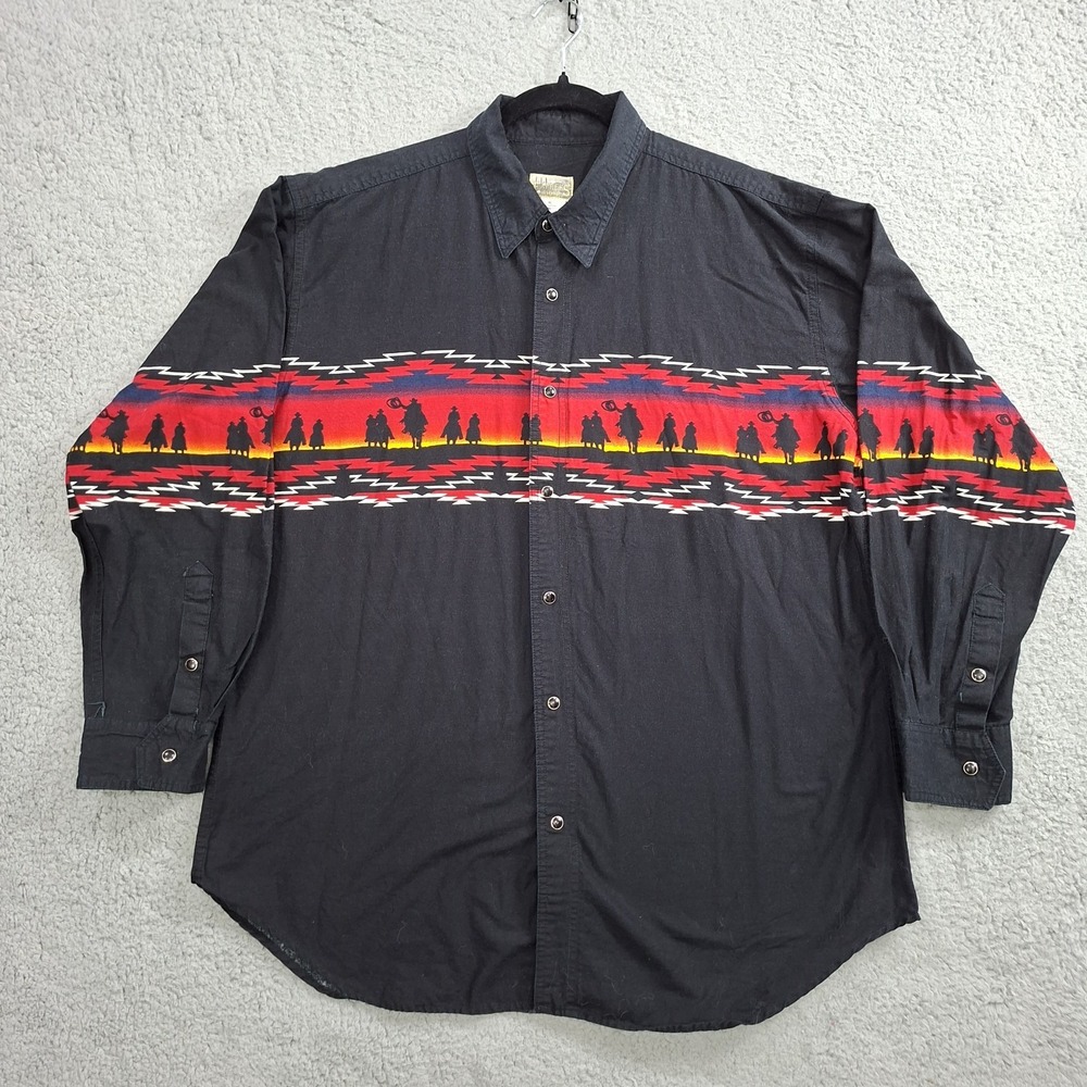 Express Rider Western Shirt Mens XL Pearl Snap Vibrant Sunset Cowboys Vintage